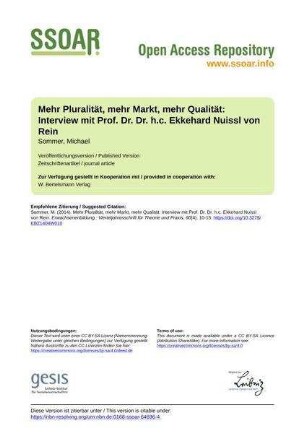 Mehr Pluralität, mehr Markt, mehr Qualität: Interview mit Prof. Dr. Dr. h.c. Ekkehard Nuissl von Rein