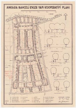Gesamtbebauungsplan Ankara Siedlung Bahceli Evler Yapi Kooperatifi: (Lichtpause von Inv.Nr. 23061), Grund- und Lageplan 1:2000, Straßenprofile 1:100