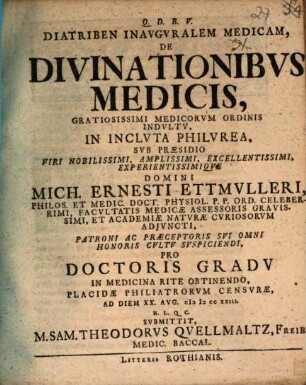 Diatriben Inavgvralem Medicam, De Divinationibvs Medicis