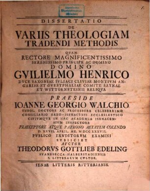 Dissertatio De Variis Theologiam Tradendi Methodis