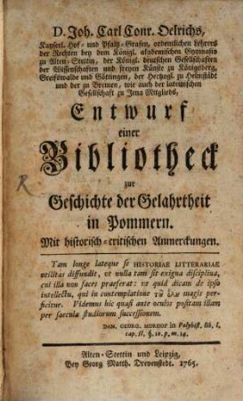 Entwurf einer Bibliothek zur Geschichte der Gelahrtheit in Pommern