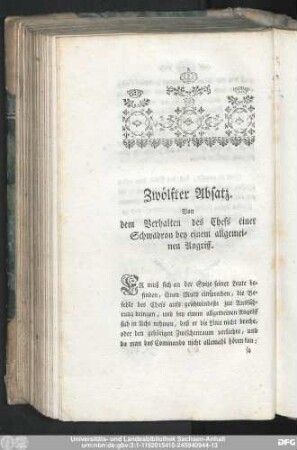 Zwölfter Absatz. Von dem Verhalten des Chefs einer Schwadron bey einem allgemeinen Angriff.