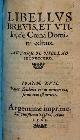 Libellvs Brevis Et Vtilis, de Coena Domini editus