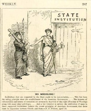 No meddling! [Anschließend folgt ein Textblock] : Justitia verwehrt einem katholischen Priester den Zugang zu staatlichen Institutionen