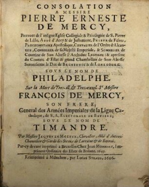 Consolation à M. P. Erneste de Mercy ... sur la mort de son frere