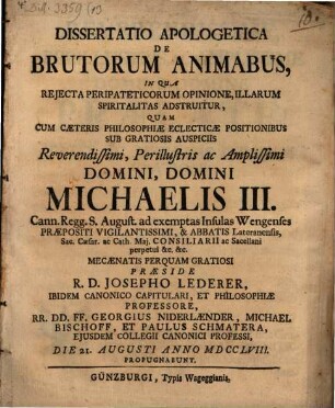 Dissertatio Apologetica De Brutorum Animabus : In Qua Rejecta Peripateticorum Opinione, Illarum Spiritalitas Adstruitur