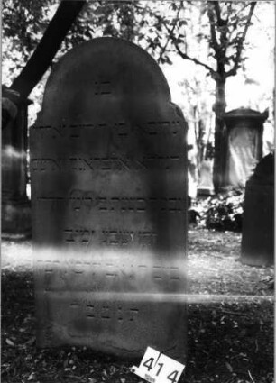 Grabstein 414 (Index: 99629915) Material: Sandstein Zustand: unten leicht abgeblättert Maße HxBxT: 133x62x6 cm Beschreibung: Stele mit eingezogenem Rundbogenabschluß: Grabstein 414