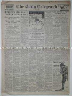 Britische Tageszeitung "Daily Telegraph" mit einem Bericht über die Kämpfe in Nordafrika und Nachrichten von verschiedenen Kriegsschauplätzen
