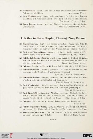 Arbeiten in Eisen, Kupfer, Messing, Zinn, Bronze (Nr. 318 - 357)