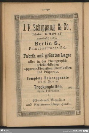 Fabrik und größtes Lager aller in der Photographie gebräuchlichen Apparate, Utensilien, Chemikalien und Präparate