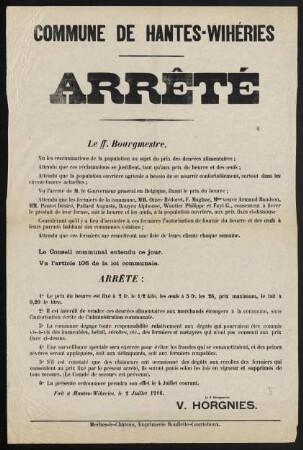 Commune de Hantes-Wiheries. Arrêté. Le ff. Bourgmestre, V. Horgnies. 2. Juillet 1916.