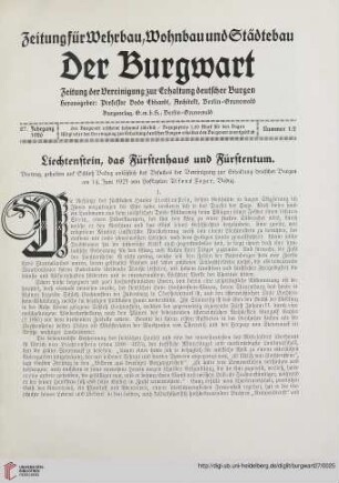 27: Liechtenstein, das Fürstenhaus und Fürstentum : Vortrag, gehalten auf Schloß Vaduz anläßlich des Besuches der Vereinigung zur Erhaltung deutscher Burgen am 14. Juni 1925