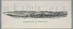 Panoramaansicht von Komotau (heute Chomutov) in Nordböhmen, mit den Bahnhöfen, entlang der Dux-Bodenbacher Eisenbahnlinie, mit Legende