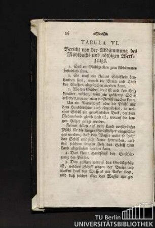 Tabula VI. Bericht von der Abdämmung des Mühlbachs und nöthigen Werkzeugs.
