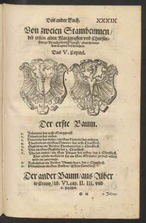 Von zweien Stambeumen/ der ersten alten Marggraffen und Churfürsten zu Brandenburgk/ oben im vierden Capitel beschrieben. Das V. Capitel.