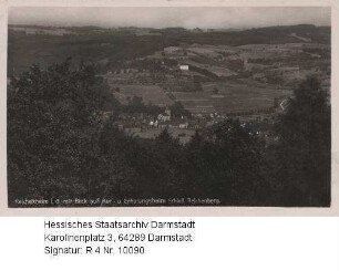 Reichelsheim im Odenwald, Panorama mit Blick auf Kurhaus Schloss Reichenberg mit Hofgut Frohnhof (Besitzer Jakob Siefert)