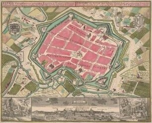 Stadtplan von Leipzig mit Festung und Gärten um die Stadt sowie mit einer Stadtansicht mit Bezeichnung aller Kirchen und zwei allegorischen Darstellungen von Wissenschaft und Handel sowie einem Maßstab