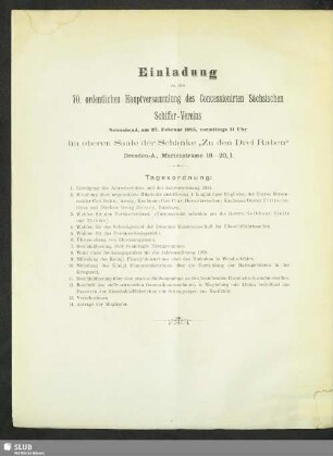 Einladung zu der 70. ordentlichen Hauptversammlung des Concessionirten Sächsischen Schiffer-Vereins