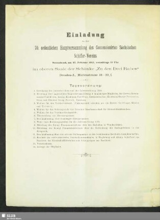 Einladung zu der 70. ordentlichen Hauptversammlung des Concessionirten Sächsischen Schiffer-Vereins