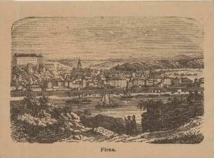 Stadtansicht von Pirna mit dem Sonnenstein und der Marienkirche von Norden über die Elbe