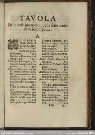 Tavola Delle cose più notabili, che sono contenute nell´Opera