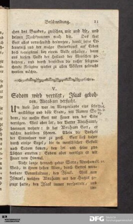 V. Sodom wird vertilgt, Isaak gebohren, Abraham versucht.