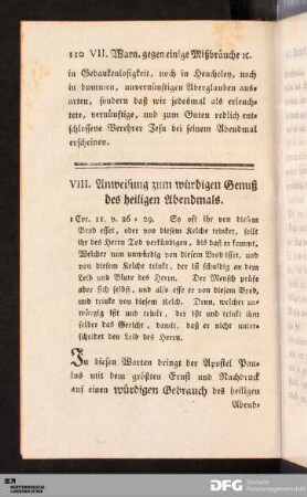 VIII. Anweisung zum würdigen Genuß des heiligen Abendmals.