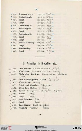 D. Arbeiten in Metall etc. (Nr. 446-485)