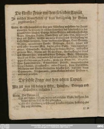 Die sechste Frage aus dem achten Capitel. Wie soll man sich dabey in Essen, Trincken, Bewegen und Schlaffen [et]c. verhalten?