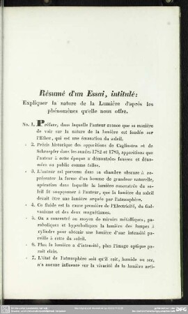 Résumé d'un Essai, intitulé: Expliquer la nature de la Lumière d'après les phénomènes qu'elle nous offre