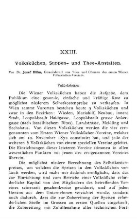 XXIII. Volksküchen, Suppen- und Thee-Anstalten.