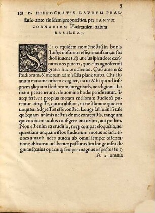 In Divi Hippocratis laudem praefatio ante eiusdem Prognostica
