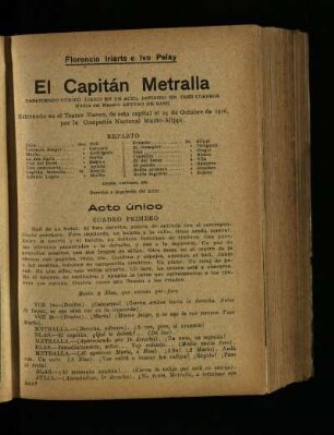 El capitán Metralla : pasa tiempo cómico lirico en un acto , dividido en tres cuadros