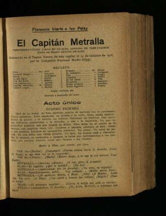 El capitán Metralla : pasa tiempo cómico lirico en un acto , dividido en tres cuadros