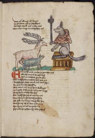 Wolf mit Szepter, Schaf und Hirsch; (Von einem Wolf, einem Schaf und einem Hirsch, Kapitel XXXV nach Pfeiffer)