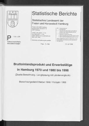 Bruttoinlandsprodukt und Erwerbstätige in Hamburg 1970 und 1980 bis 1998