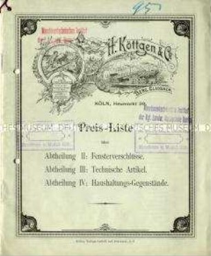Preisliste über Fensterverschlüsse, technische Artikel und Haushaltungs-Gegenstände