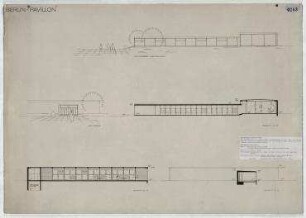 Offener Bauwettbewerb "Berlin-Pavillon", Hansaviertel Berlin, Intenationale Bauausstellung 1957 (nicht realisiert), Ankauf – Ansichten, Schnitte. Berlin-Tiergarten, 17. Juni/Klopstockstraße