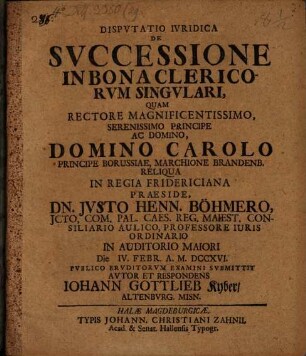 Disp. iur. de successione in bona clericorum singulari