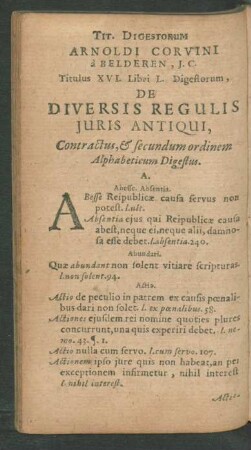 Arnoldi Corvini a Belderen Titulus XVI. Libri L. Digestorum, De Diversis Regulis Antiqui