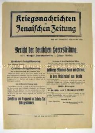 Nachrichtenblatt der "Jenaischen Zeitung" mit Meldungen von verschiedenen Kriegsschauplätzen