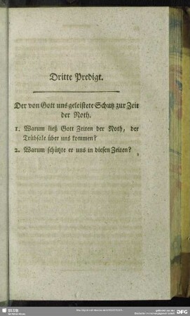 Dritte Predigt. Der von Gott von uns geleistete Schutz zur Zeit der Noth. [Dank-Predigt wegen des Sieges bei Roßbach
