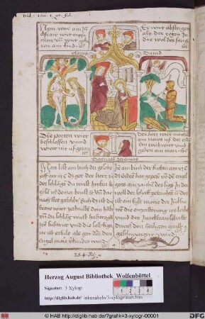 Drei biblische Szenen umgeben von vier Propheten. Links Versuchung Evas, mittig Verkündigung Mariae, rechts Gideon mit dem Vlies.