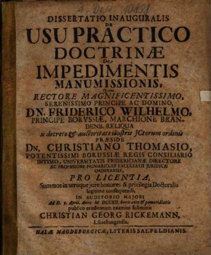 Dissertatio Inauguralis De Usu Practico Doctrinae De Impedimentis Manumissionis
