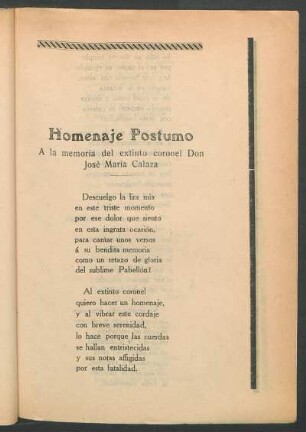 Homenaje Póstumo : A la memoria del extinto coronel Don José María Calaza