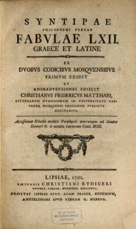 Syntipae philosophi Persae Fabulae graece et latine
