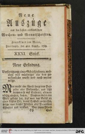 (XXXI. Stück. Freitags, den 4ten August, 1769 - XXXIII. Stück. Freitags, den 18ten August, 1769)