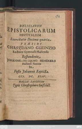 Deliciarum Epistolicarum Festivalium Exercitatio Decima quarta