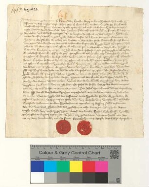 Testament des Lüneburger Bürgers Heyne van Hertber. U.a. verfügt der Erblasser über eine "last soltes" in Schonen. Es besiegeln die Lüneburger Ratsmannen Ludolf van Winsen und Godeke Tzerstede.