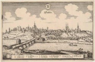 Stadtansicht von Saalfeld in Thüringen von Osten über die Saale gesehen, mit Stadtwappen und Legende, aus Merians Topographia Superioris Saxoniae